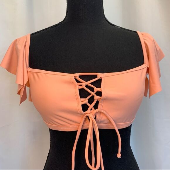 𝅺PEACH Laceup ruffle frill Shoulder crop top bikini top Sz M 🔥 - Picture 2 of 8